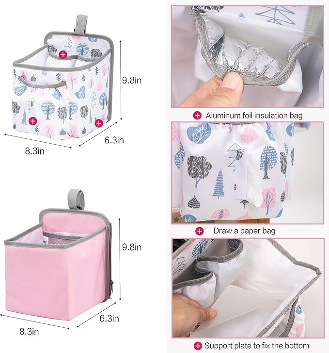 MOMIGO Baby Diaper Caddy Bag Stacker Organize - Nursery Storage Bin for Diapers, Wipes & Toys with Insulation Pocket - 2pcs Diaper Organizer for Crib Wall (Pink)