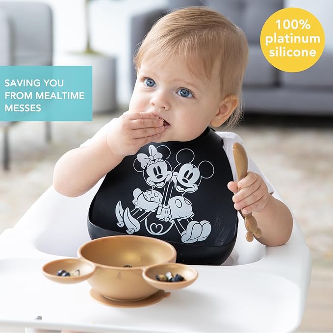 Bumkins Bibs, Silicone Pocket for Babies, Baby Bib for Girl or Boy, for 6-24 Months Up to Toddler, Essential Must Have for Eating, Feeding, Baby Led Weaning Supplies, Mess Saving, Mickey and Minnie