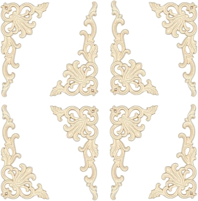 8Pack Wood Appliques and Onlays Decorative Wooden Applique Carved Onlay, 6.3×3.2 inch Corner DIY Carving Decal Trim for Furniture Cabinet Bed Door Wardrobe Closet Mirror Photo Frame Decoration