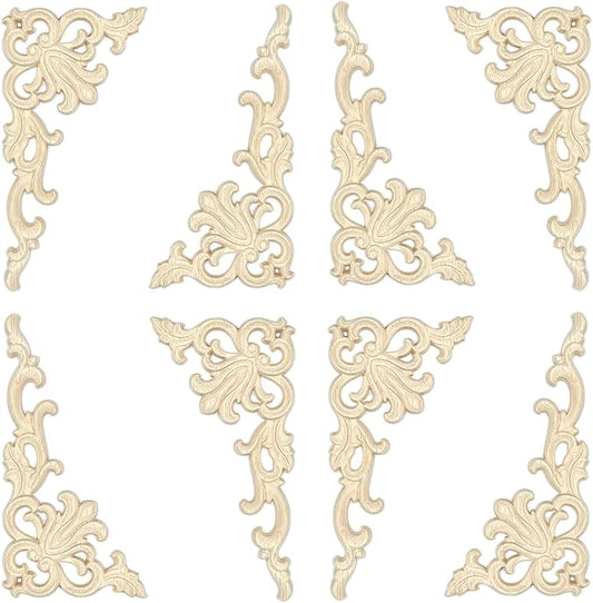 8Pack Wood Appliques and Onlays Decorative Wooden Applique Carved Onlay, 6.3×3.2 inch Corner DIY Carving Decal Trim for Furniture Cabinet Bed Door Wardrobe Closet Mirror Photo Frame Decoration