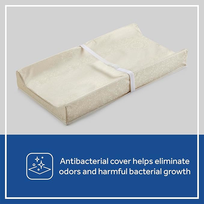 Sealy Baby Antibacterial Waterproof 2 Sided Contoured Diaper Changing Pad for Dresser or Table, Durable Easy to Clean Surface, Supportive Soybean Enhanced Foam, Made in USA, White, 32x16"