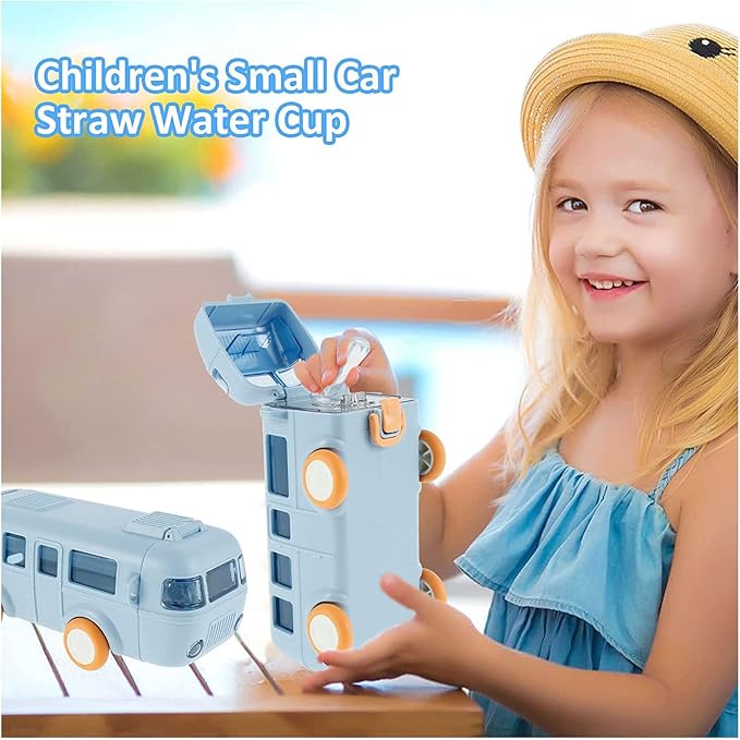 2023 New Portable Water Cup In Bus Shape, 16 OZ Cute Bus Shape Water Bottle, 360° Leak-Proof Portable Water Bottle with Straw and Strap, Bounce Flip Top Straw Water Bottle for Kids (D-Blue+Pink)