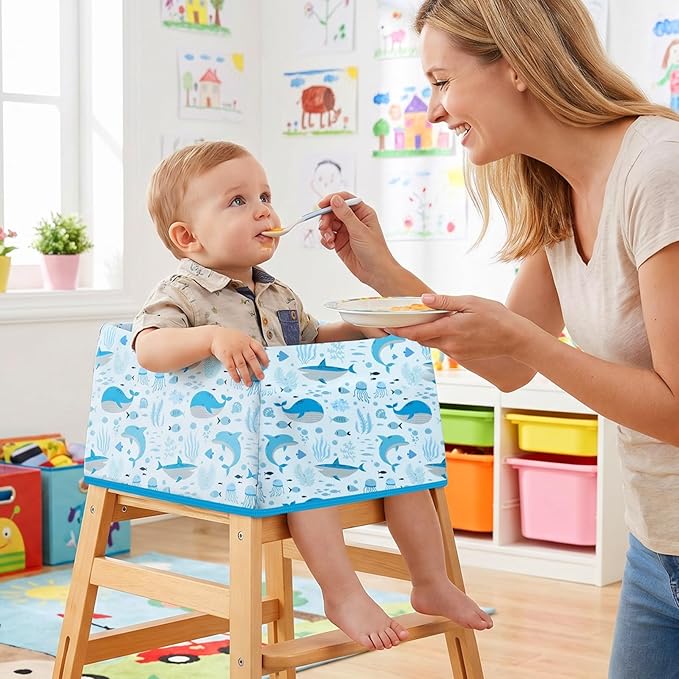 BEBOAN High Chair Cover for Restaurant, Portable Highchair Seat Covers with 3-Point Adjustable Safety Harness and Bag, for Eating/Travel/Home Use, Machine Washable, Fit Wooden Chairs (Blue Whale)