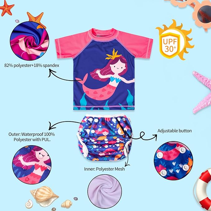 ALVABABY Baby Swimsuit,Infant Toddler Bathing Short Sleeve Swimwear,Baby Reusable Swim Diaper with Matching Top for Boy Girl