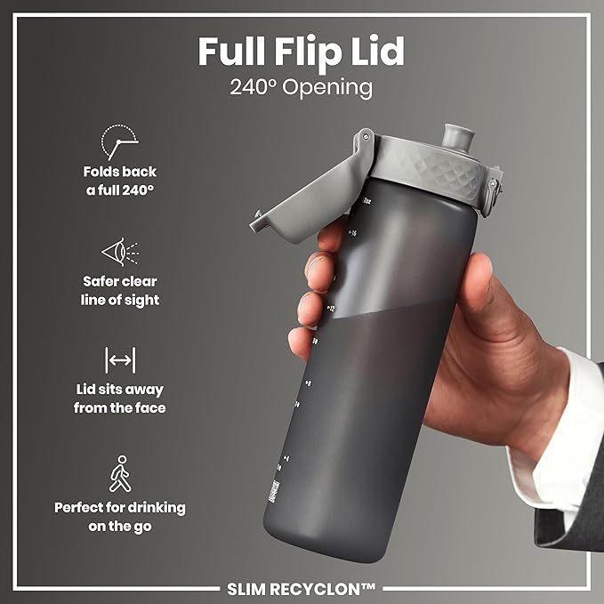 Ion8 Water Bottle, 500 ml/18 oz, Leak Proof, Easy to Open, Secure Lock, Dishwasher Safe, BPA Free, Hygienic Flip Cover, Carry Handle, Fits Cup Holders, Easy Clean, Odor Free, Carbon Neutral, Grey
