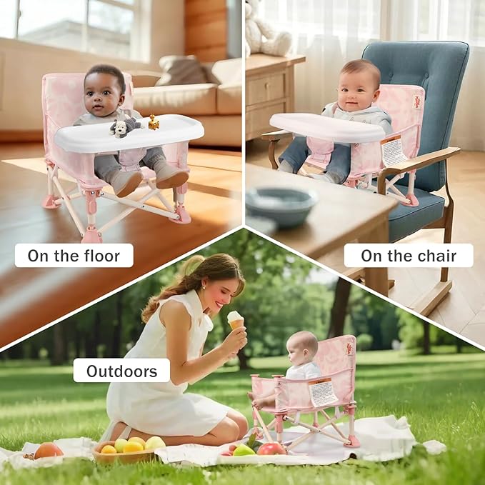 Tiny Marvels 3-in-1 Portable Baby Chair, Foldable Booster Seat with Removable Tray, Safety Harness & Carry Bag for Dining, Travel, Camping, Beach, 6M-3Y (Blush Bloom)