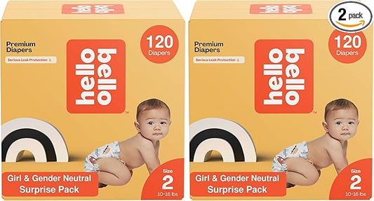 Hello Bello Diapers, Size 2 (10-16 lbs) Surprise Pack for Girls - 120 Count of Premium Disposable Baby Diapers, Hypoallergenic with Soft, Cloth-Like Feel - Assorted Girl & Gender Neutral Patterns