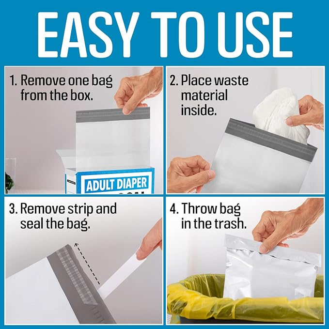 IMPRESA Disposable Adult Diaper Bags - 12 x 15 in, Pack of 75 Leak-Proof, Tear-Resistant & Odor-Proof Adult Incontinence Disposal Bags - Unscented