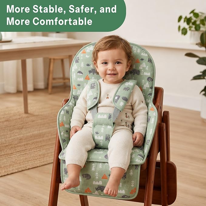 High Chair Pad, High Chair Cushion, High Chair Cover Pad, Safe and Comfort, Soft and Breathable, Cute Pattern, Baby Sits More Comfortable（Green Animal Pattern）
