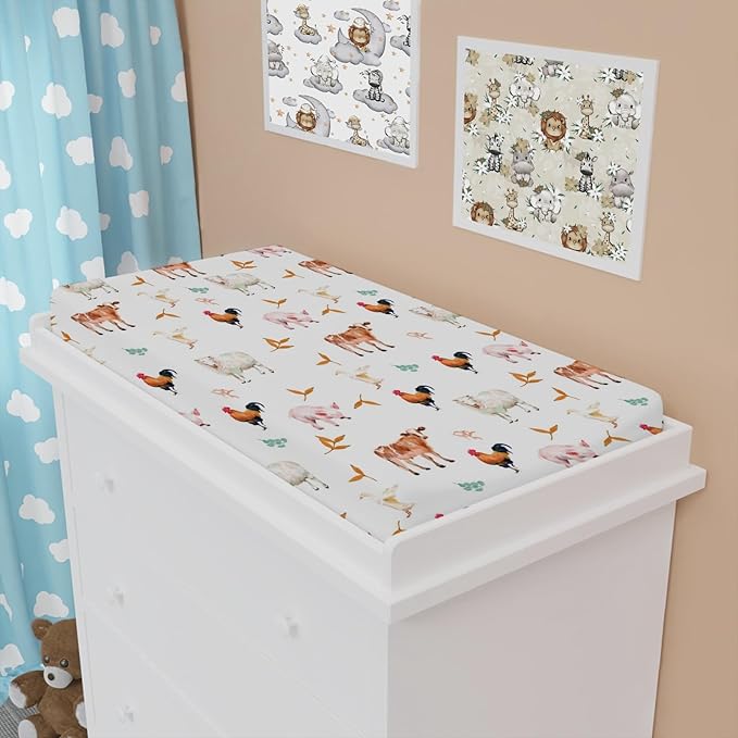 Watercolor Farm Animals Changing Pad Cover Cow Lamb Chicken Pig Hen Duck Sunflowers Leaves Diaper Change Table Cover Sheets for Boys Girls Soft Stretchy Fitted Changing Mat Sheets