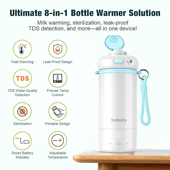 Toolastra Portable Bottle Warmer for Baby on The Go, 16.91oz 100% Faster Heating & Precise Temperature Control, Leak-Proof Design, Child Safety Lock, Ideal for Travel, Formula & Breast Milk Warmer