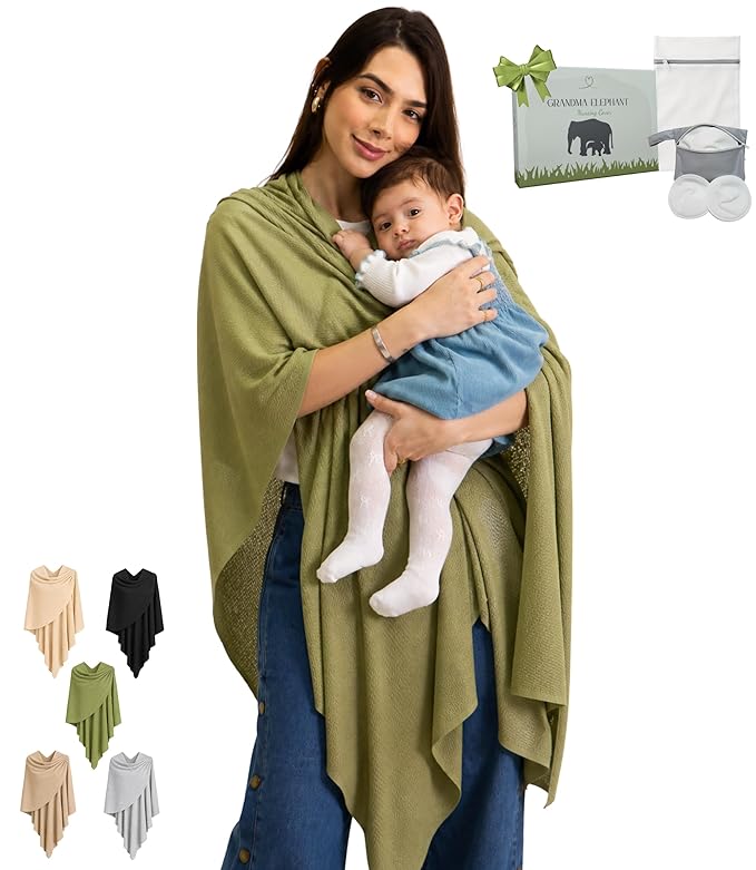 Set Premium Breast Feeding Covers for Women of All Body Types: Ultra Soft Stylish and Breathable Nursing Cover up for Breastfeeding + 4 Reusable Breast Pads for Nursing Comfort (Olive Sage)