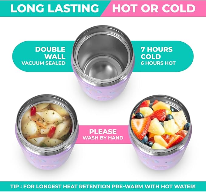 Bento Lunch Box with Thermo for Kids Set, Insulated Lunch Bag with Ice Pack, Stainless Steel Food Jar for Hot Soup, Boxes with 4 Compartments for Girls Toddler Snacks Lunches, Purple Rainbow