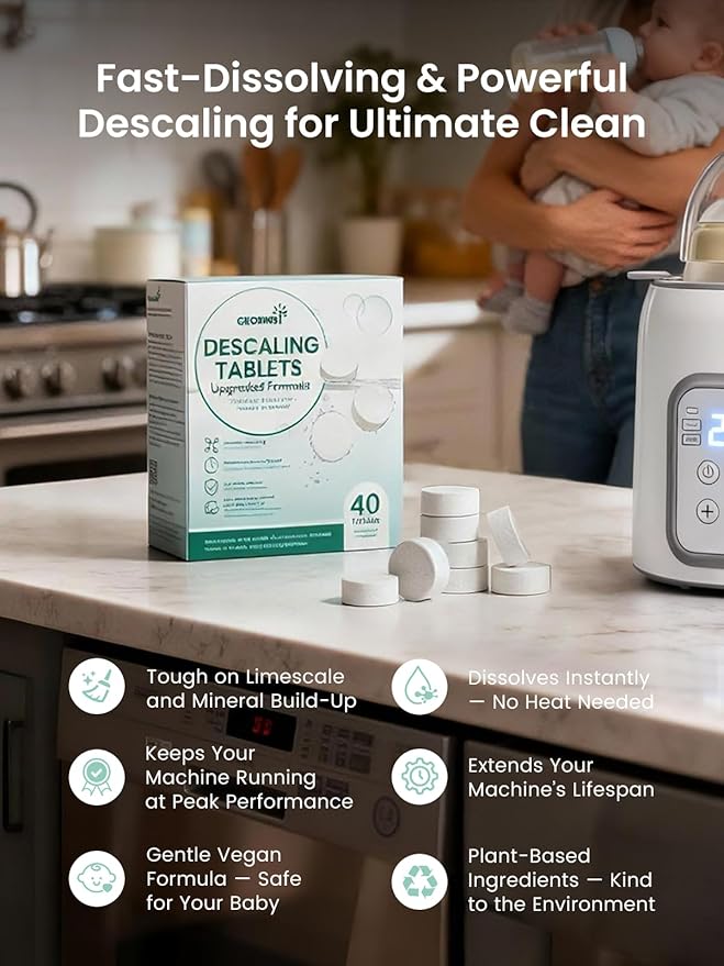 GROWNSY Descaling Agent Descaling Tablets for Bottle Warmer & Sterilizer, Daily Essential Descaler, Cleaner for Baby Food Makers, Deep Limescale & Odor Removal, Performance Care, 40 Count for Regular