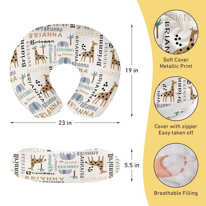 Baby Nursing Pillow Cover - Personalized Name Breastfeeding Pillow Cover with Giraffes Pattern, Stretchy Removable U-Shaped for New Moms, Soft Breathable Slipcover for Infant Boys Girls