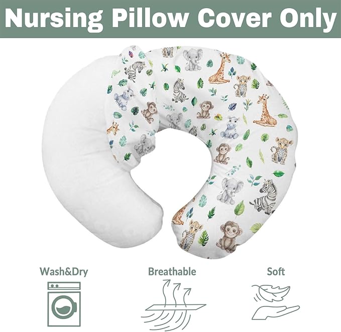 Tropical Safari Jungle Animals Green Leaves Baby Nursing Pillow Covers for Boy Girl Elephant Leopard Giraffe Hippo Nursery Pillowcase for Breastfeeding Pillows Soft Stretchy Slipcovers for Newborn