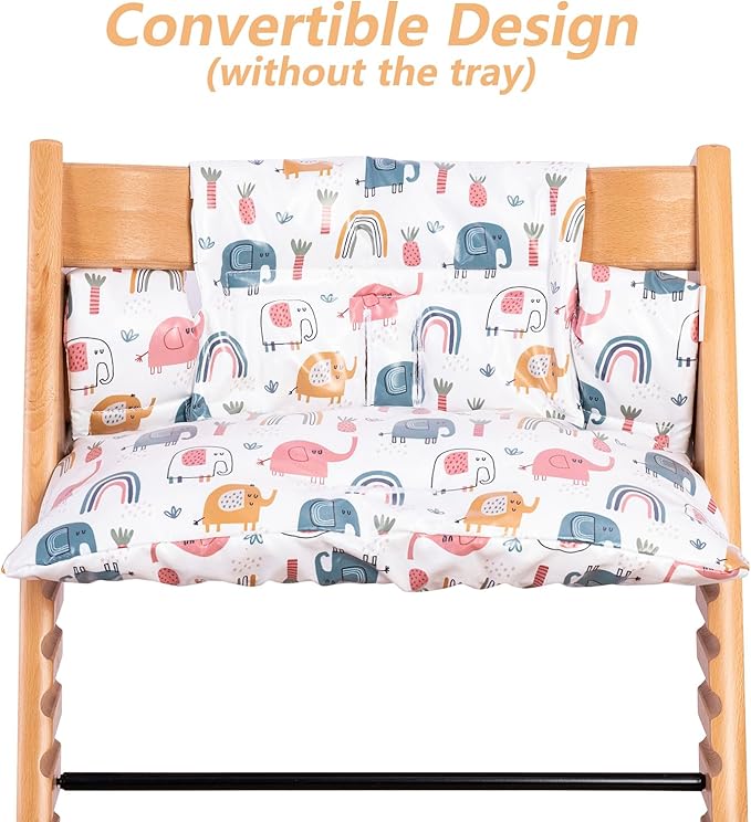 Waterproof & Extra Padded Soft Dining Chair Seat Cushion, Wipe Clean Cushion for Stokke Tripp Trapp High Chair, 18" L x 11" W, Compatible & Convertible Design (Colorful Elephants)