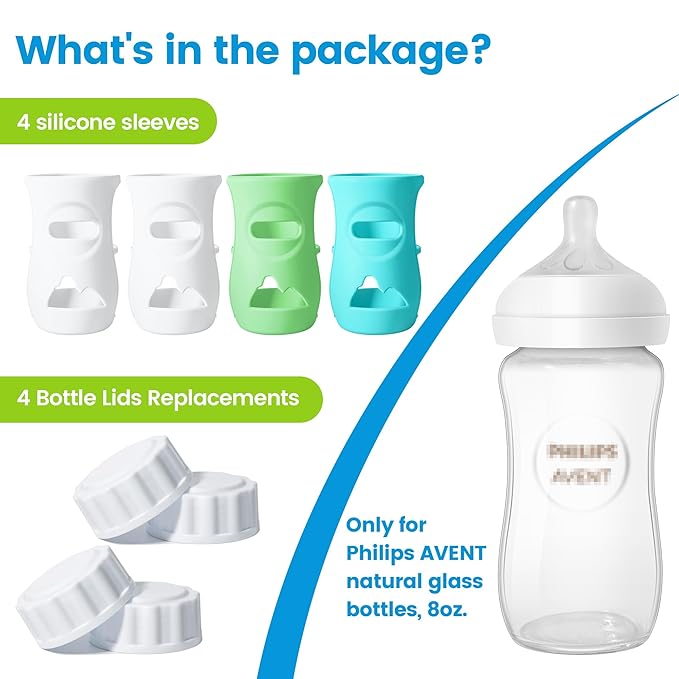 4 Pack Silicone Sleeves for Philips Avent Natural Glass Baby Bottles, Food Grade Silicone Cover and 4pcs Travel Caps, Lids Replacement (2White+1Blue+1Green, 8oz)
