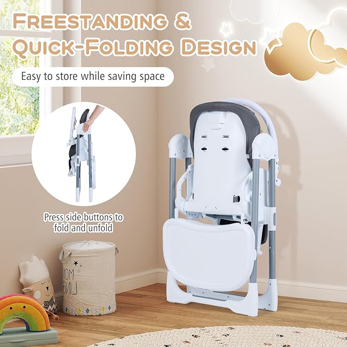BABY JOY Foldable High Chair, Portable Highchairs for Babies and Toddlers with 7 Heights, 5 Recline Positions, Adjustable Foot Rest, Double Removable Tray & Built-in Wheels (Dark Gray)
