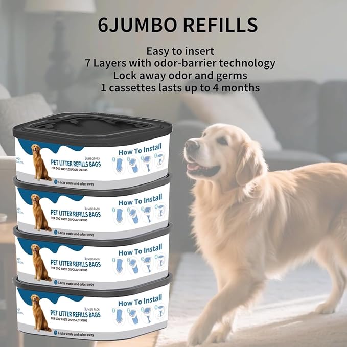 6 Pack Jumbo Square Refills Disposal Bags Refill, 42FT refill Pet Waste Bags Compatible with Pet Dogs Genie Dog Waste Disposal System Pails for Outdoor and Indoor