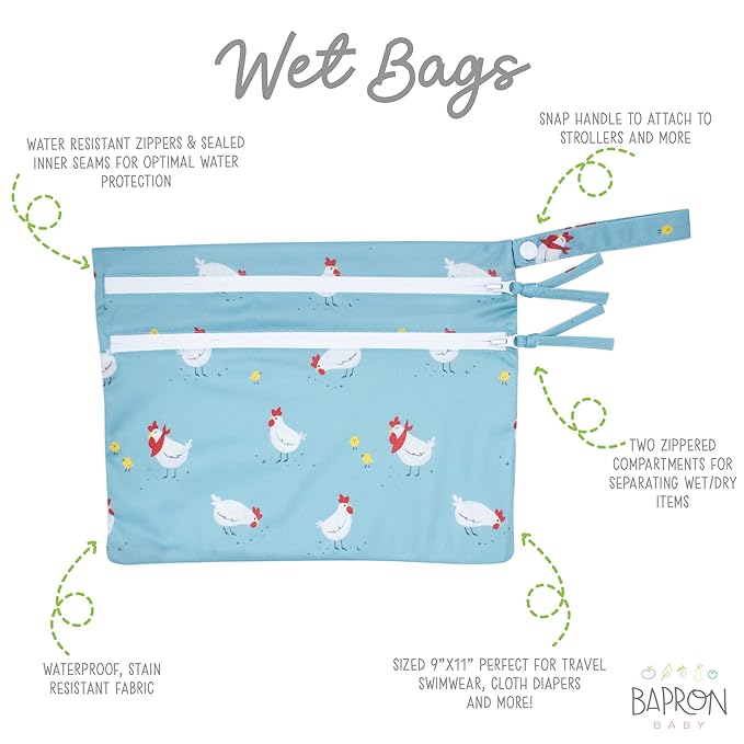 BapronBaby Little Chickies Wet Dry Bag - Waterproof Two Zipper Pockets - Reusable for Mealtime, Diapers, Stroller, Snacks, Swimsuits - Machine Washable - 11" x 9"