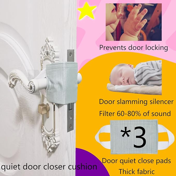 Baby Proof Door Silencer & Cloth Latch Cover, Quiet Close Anti-Slam Pads to Prevent Slamming and Accidental Locking, for Nursery and Toddler Safety (3, Natural Teal, 4.1 * 3.1 inches)