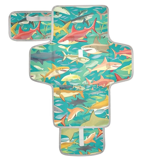 Portable Diaper Changing Pad Travel Baby Changing Mat Waterproof Diaper Changing Mat Foldable Lightweight Baby Changer with Built-in Pillow Colorful Sharks Green