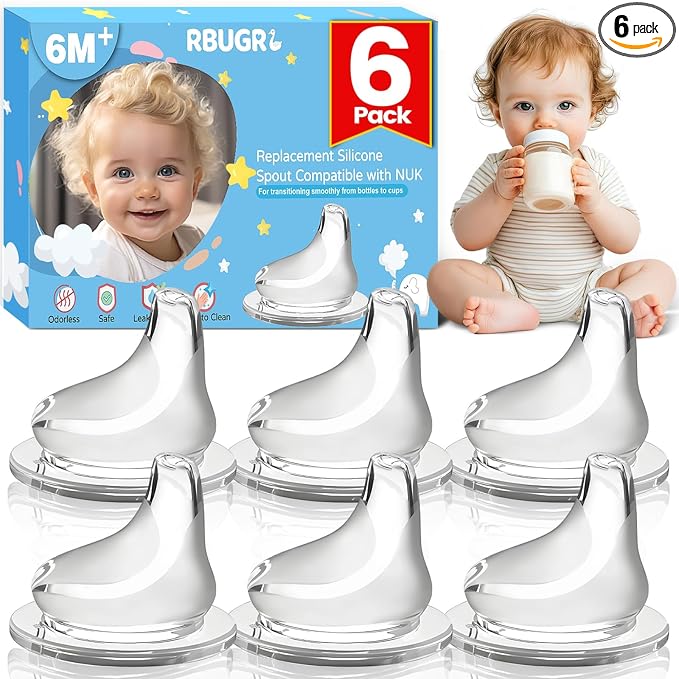 RBUGR 6 Pack Replacement Silicone Spout Compatible with NUK Active and Learner Cups, Sippy Cup Nipple for NUK Sippy Cup & Learner Cup, 100% Silicone Sippy Nipples for 6m+