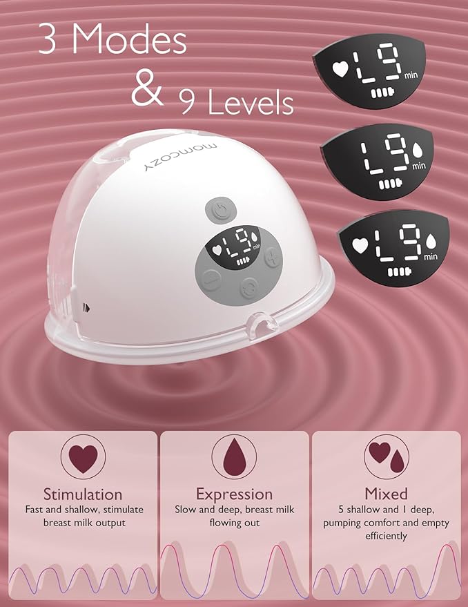 Momcozy M5 Hands-Free Wearable Breast Pump Without APP, Double-Sealed Flange for Baby-Like Comfort, 3 Modes & 9 Suction Levels, Portable Electric Pump – 24mm, 2-Pack Quill Gray