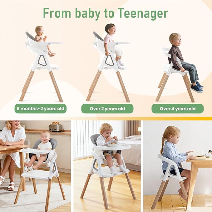 Baby High Chair, Babies and Toddlers Convertible Slim High Chair with 6 Growing Stages from Infant to Toddler Seating with Removable Tray, Easy to Clean,Gray Cushion