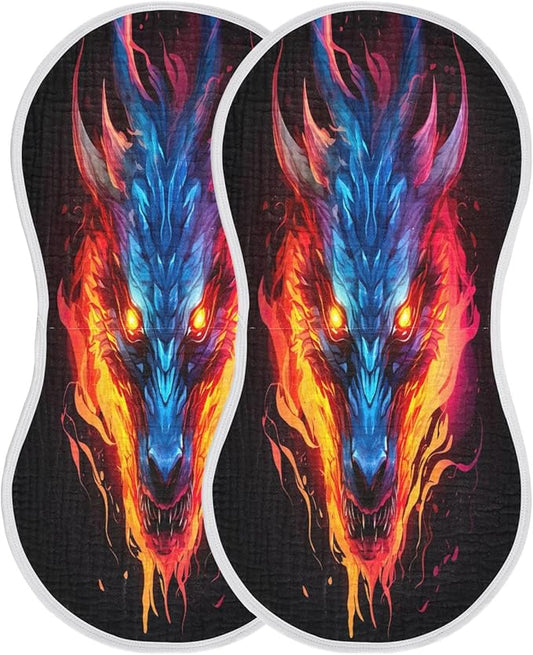 2 Pack Muslin Burp Cloths Dragon Fire Black Print Cotton Baby Burp Cloths Absorbent Soft Burping Cloth Washcloths for Newborn Babies 22x11 Inch