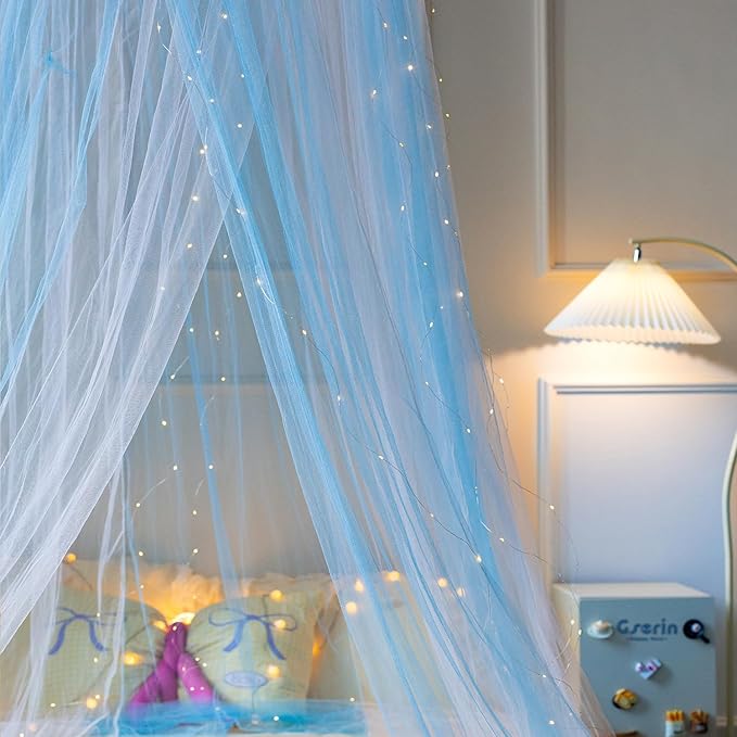 Princess White Blue Bed Canopy with Warm Fairy Lights for Girls Bed Net,Princess Canopy for Kids Bed Room Decor
