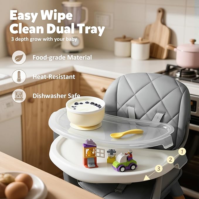 TODEFULL 8 in 1 Wooden High Chairs for Babies Toddlers, Convertible to Booster Seat, Baby Feeding Highchair w/ 5-Point Safety Harness, Removable Tray & Cushion, Gray