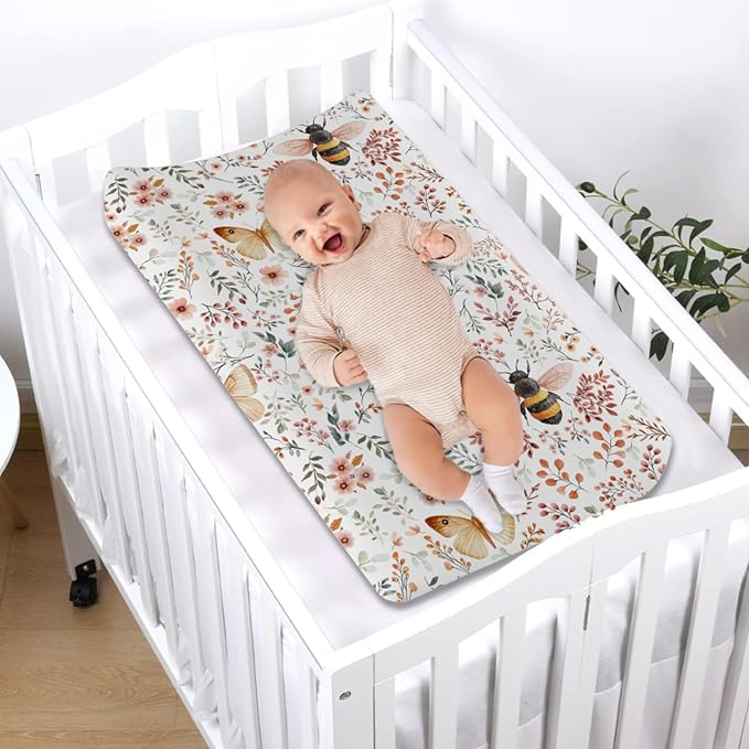 Honey Bloom Bees Butterflies Floral Baby Changing Pad Covers for Boy Girl 32''x16'' Sweet Bees Honey Flowers Fitted Diaper Changing Table Sheets Spring Soft Breathable Nursery Changing Table Mats