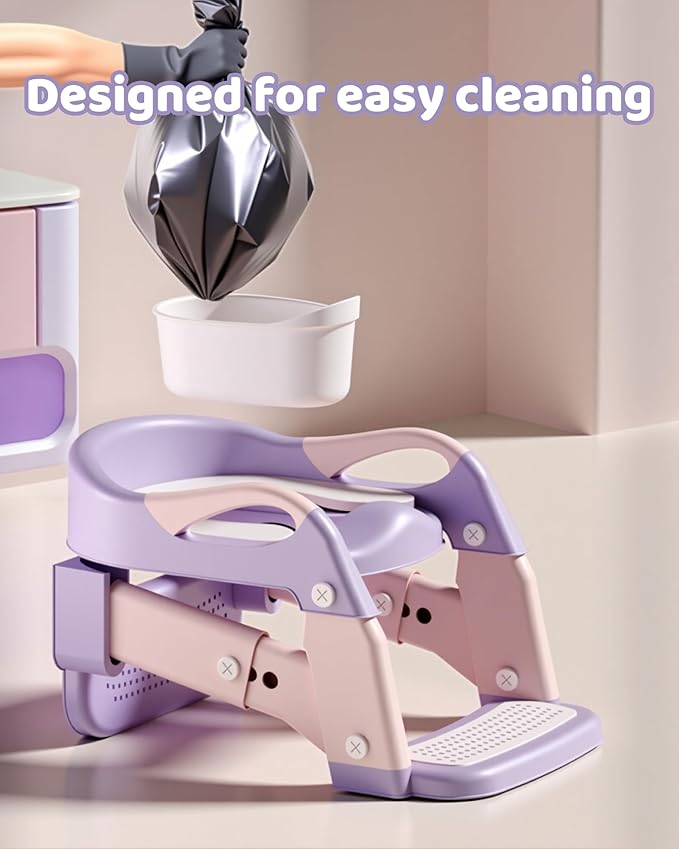 3-in-1 Potty Training Seat & Training Toilet & Potty Chair, Height AdjustableToddler Toilet Seat for Kids, Foldable Potty Training Toilet with Splash Guard & Anti-Slip Steps (Purple)