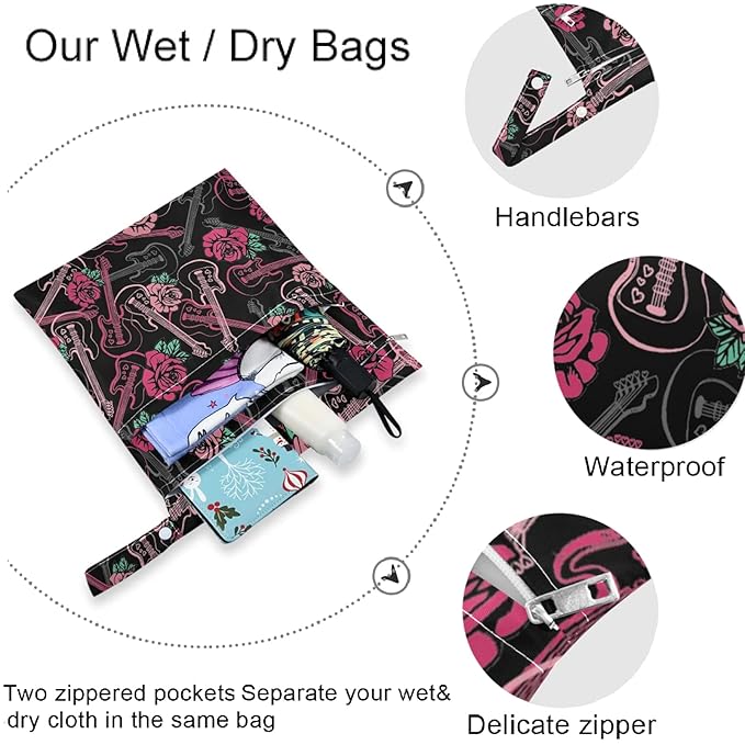 visesunny Guitar and Rose Floral 2Pcs Wet Bag with Zippered Pockets Washable Reusable Roomy Diaper Bag for Travel,Beach,Daycare,Stroller,Diapers,Dirty Gym Clothes,Wet Swimsuits,Toiletries