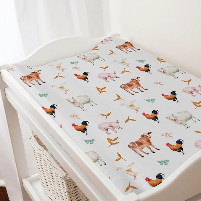 Watercolor Farm Animals Changing Pad Cover Cow Lamb Chicken Pig Hen Duck Sunflowers Leaves Diaper Change Table Cover Sheets for Boys Girls Soft Stretchy Fitted Changing Mat Sheets