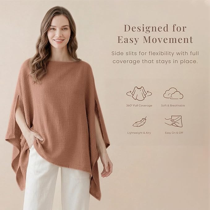Konssy Muslin Nursing Cover for Breastfeeding, 360° Full Privacy Breathable 100% Cotton Breastfeeding Cover, Multi-use Carseat Canopy(Chestnut)
