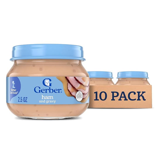 Gerber Stage 2 Baby Food, Ham and Gravy Jar, Baby Food Puree, Baby Mealtime, Baby Puree Glass, 10-Pack