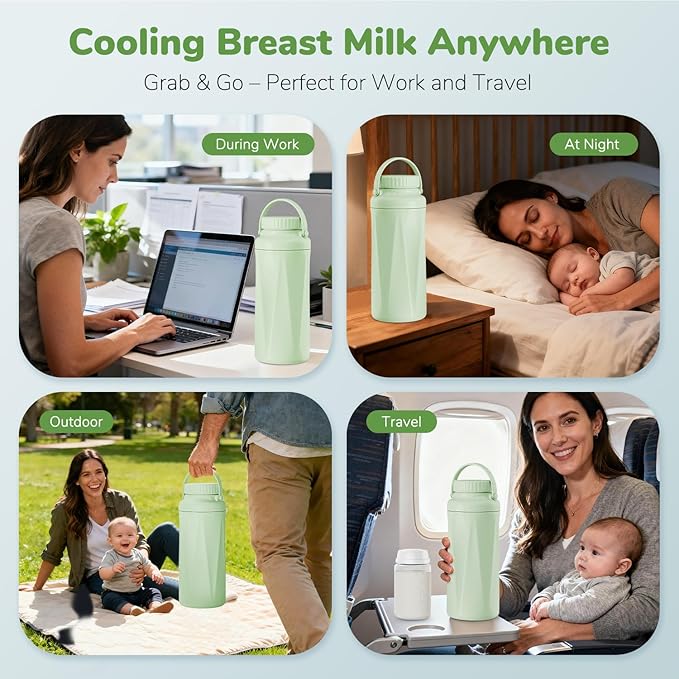 22oz Portable Breast Milk Cooler Bottle-Milk Cooler for Outdoor Travel, Keeps Fresh Cooling for 24+ Hours,Breastfeeding Essentials with 2pcs Bottle for Breastmilk Storage (Mint-Green)