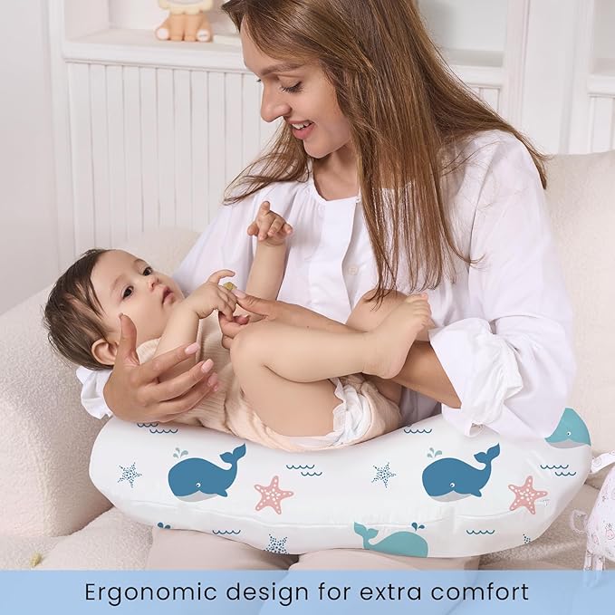 Plushii Nursing Pillow for Breastfeeding, Soft and Supportive Breastfeeding Pillow for Mom and Baby, Cute Feeding Pillow with Removable Cover for 0–12 Months, Whale