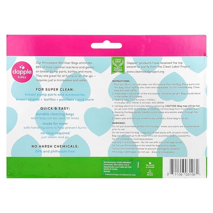 Dapple Baby Microwave Sterilizer Bags, Reusable for Breast Pump Parts & Baby Bottle, 20 Uses Per Bag, Great for Travel & Office, 8 Count (Pack of 1)