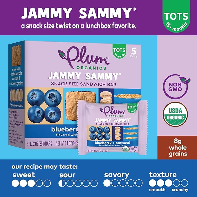 Plum Organics Jammy Sammy Snack Bars - Blueberry and Oatmeal - 1.02 oz Bars (Pack of 5) - Organic Toddler Food Snack Bars