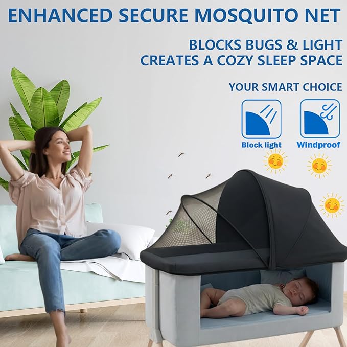 Portable Bassinet Cover for Cats & 2-Way Zipper, Half-Blackout Mosquito Net with Sunshade, Breathable Bassinet Net Cover, Mosquito Net for Baby Crib to Keep Cats Out （Black）