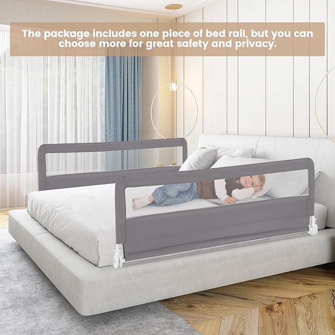 HONEY JOY Bed Rail for Toddlers, 71-in Extra Long, Portable Safety Bed Guardrail w/Double Safety Child Lock, Foldable Baby Bed Rail Guard, Fit King & Queen Full Twin Size Bed Mattress(Gray, Pack 1)