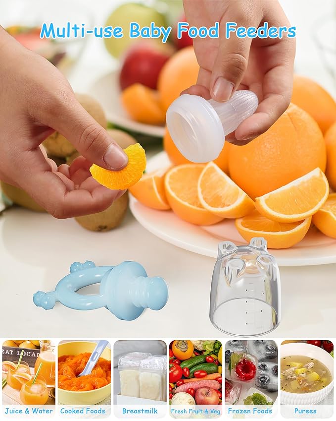 Baby Food Freezer Tray & Fruit Feeder Set – 2 Pack Silicone Baby Food Storage Trays + 2 Fresh Food Feeders for Infant Teething & Self Feeding – Popsicle Mold for Breastmilk, Purees, Blue & Green