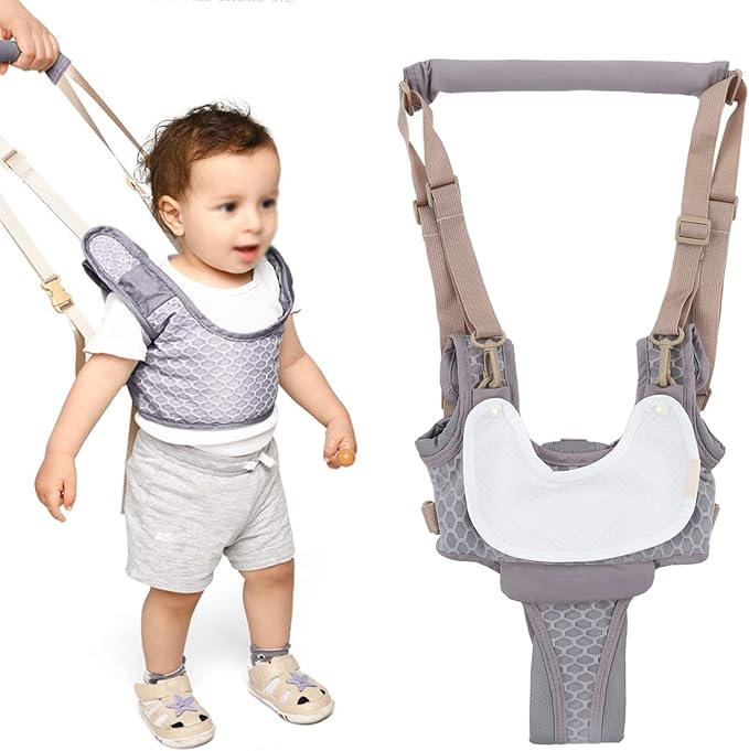 Baby Walking Harnesses, Lightweight Adjustable Detachable Crotch Pad Handheld Toddler Walk Assistant Belt Adjustable Standing Up and Walking Learning Helper for 8‑24M(Monsoon Grey-Profile Mesh)