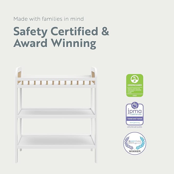Storkcraft Pasadena Changing Table with Water-Resistant Changing Pad (White with Driftwood) - GREENGUARD Gold Certified, Includes Bonus Water-Resistant Changing Pad with Safety Strap, 2 Open Shelves