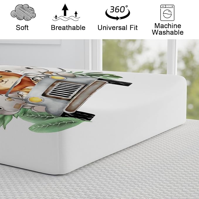 Jungle Safari Animals Truck Tropical Leaves Changing Pad Cover Lion Elephant Zebra Giraffe Hippo Diaper Change Table Sheets for Girl and Boy Soft Stretchy Fitted Changing Mat Sheets 32''x16''