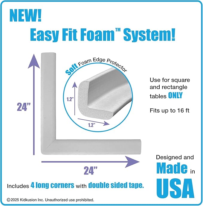 KidKusion Corner and Edge Protector | Easy Fit System | Soft Durable Foam Rubber Padding for Furniture w/Doublesided Tape | Babyproofing Bumper Guards | Large Profile | 16 Ft. | Soft Gray